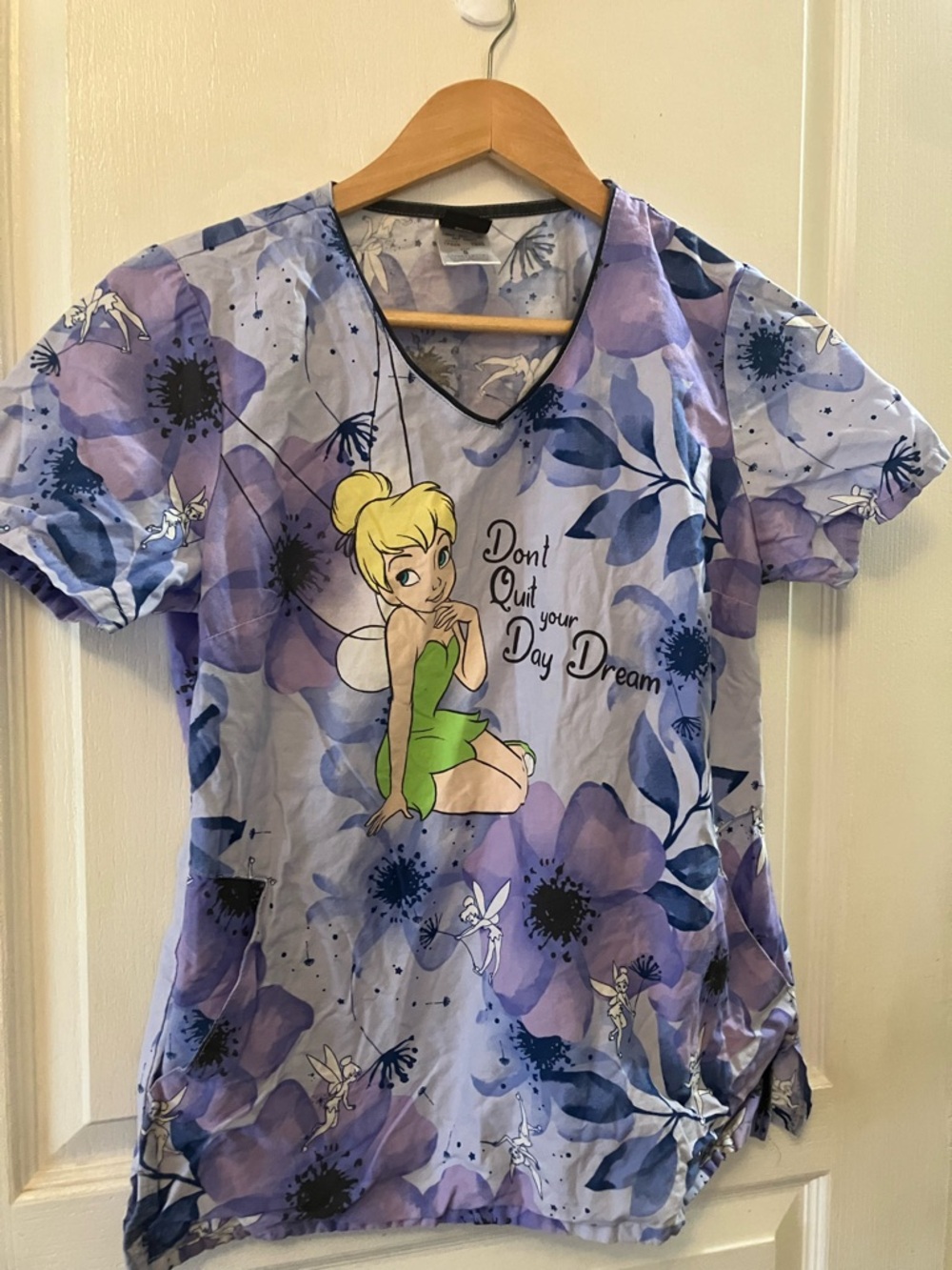 Disney Tinker Bell Floral Print Scrub Top — Lavender & Green